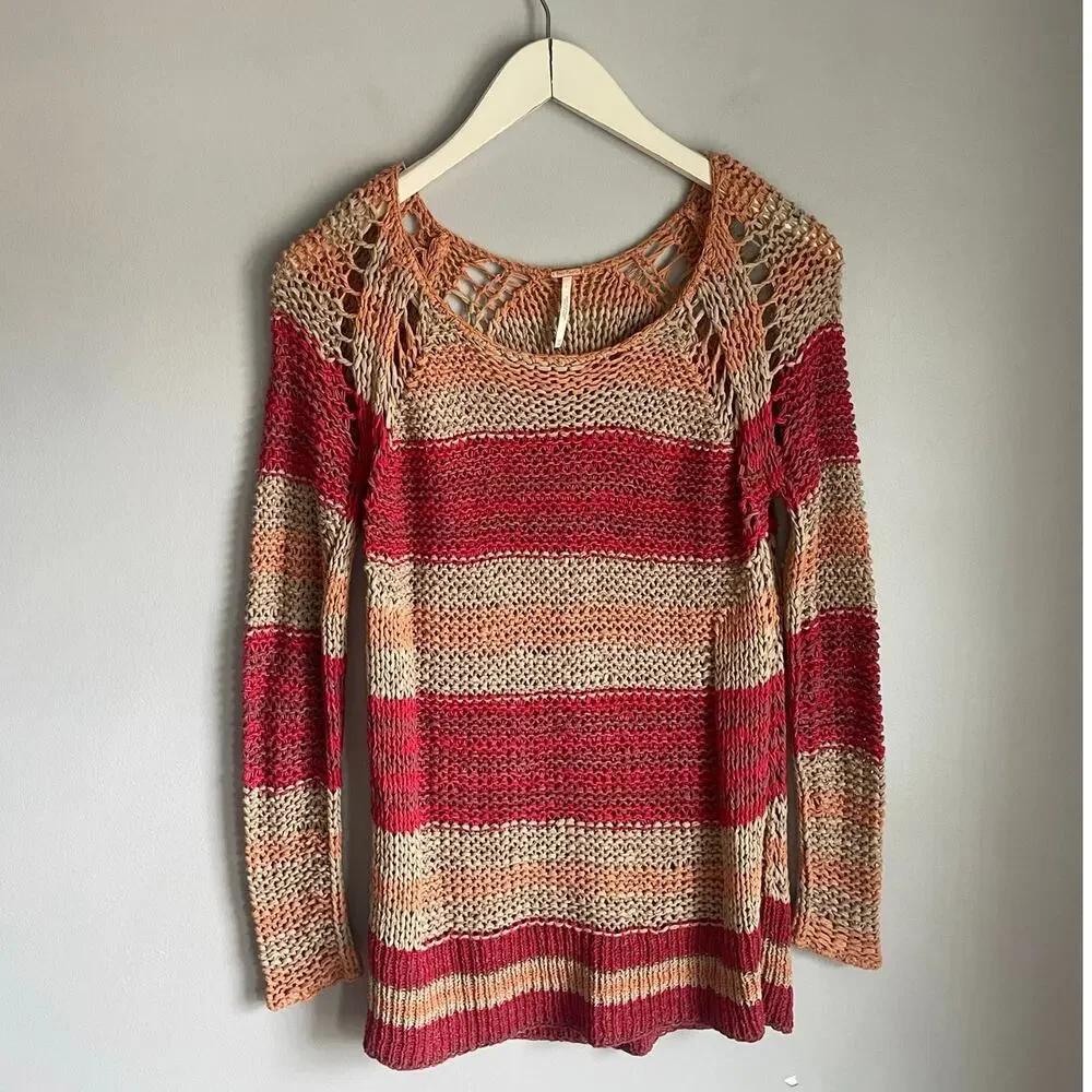 Free People Desert Moon Slouchy Fisherman Open Knit Sweater Pink Striped XS